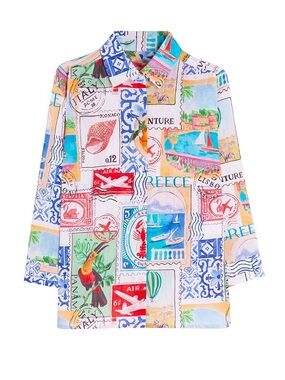 Cotton Button-Up Colorful Stamp Shirt